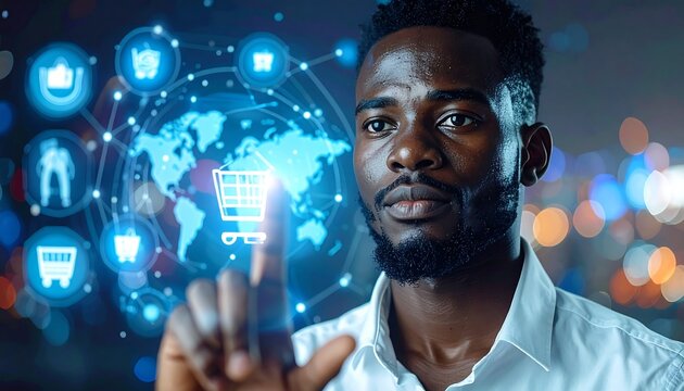 A Black man interacts with a digital interface featuring a globe and shopping cart icons, likely relating to online commerce