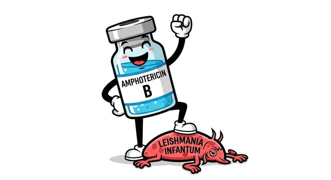 Cartoon amphotericin B vial character standing proudly with foot on defeated Leishmania infantum representing antifungal and antiparasitic medicine healthcare victory
