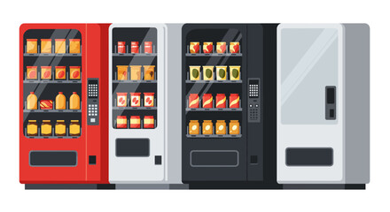 Variety of modern vending machines with snacks and drinks in flat style