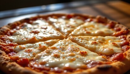 create a photo of a close up pizza with melted cheese on top, the pizza should be the central focus, and the cheese should dominate the frame