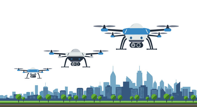 Futuristic delivery drones over urban skyline in minimalist design