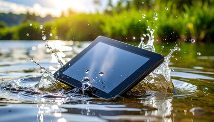 A black electronic tablet, partially submerged in water, with droplets and a splash effect. Green foliage and sunlight in the background
