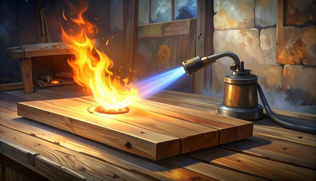 A detailed depiction of a blowtorch igniting a flame on a wooden workbench.