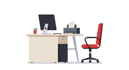 Modern office desk setup with computer and red chair on white background