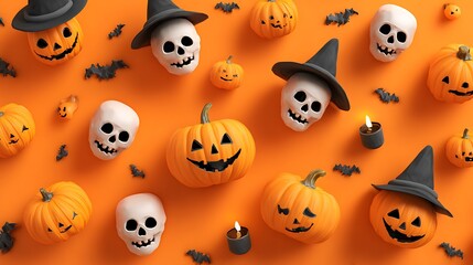 Obraz premium Happy pumpkins with funny spooky faces, tiny skulls, flickering candles, and witch hats on orange