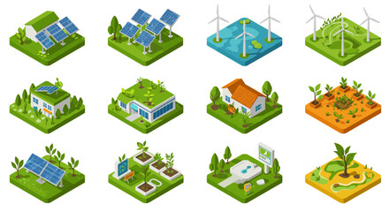 Sustainable energy and green living: isometric eco-friendly concepts for modern homes and environments