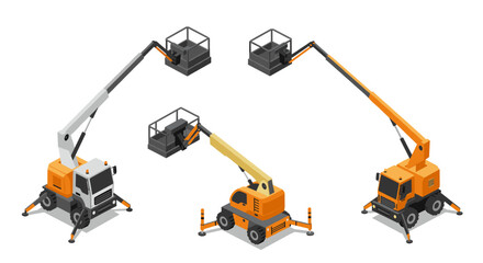 Modern isometric mobile crane lifts in various colors and positions