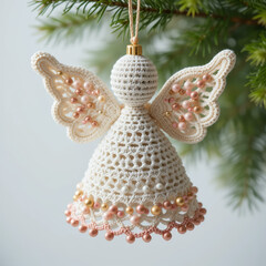 Handmade crocheted angel ornament on Christmas tree with festive baubles and soft holiday glow. AI generated.
