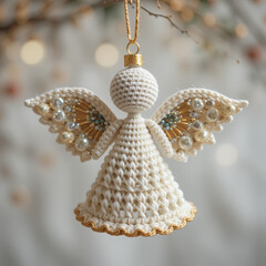 Handmade crocheted angel ornament on Christmas tree with festive baubles and soft holiday glow. AI generated.
