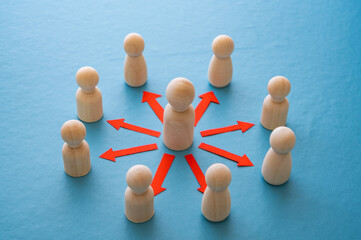 Concepts of communication, leadership, guidance, hierarchy, connection, expressed with a wooden figure and red arrows pointing to other figures.