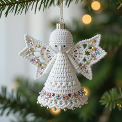 Handmade crocheted angel ornament on Christmas tree with festive baubles and soft holiday glow. AI generated.
