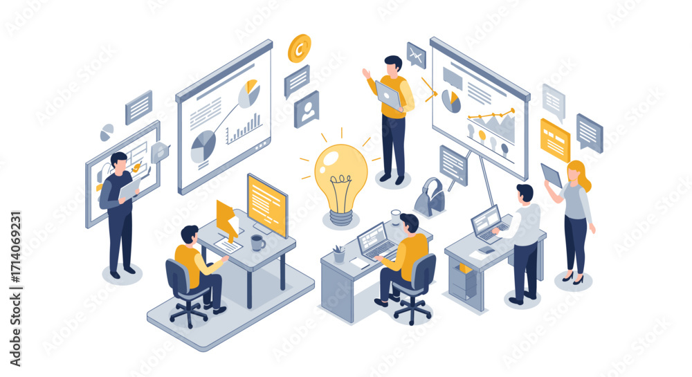 Poster collaborative office environment with team brainstorming and data analysis in isometric design