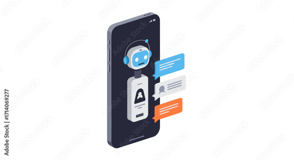 Wall mural isometric ai chatbot on smartphone with speech bubbles in modern design