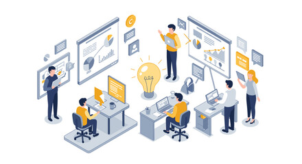 Collaborative office environment with team brainstorming and data analysis in isometric design