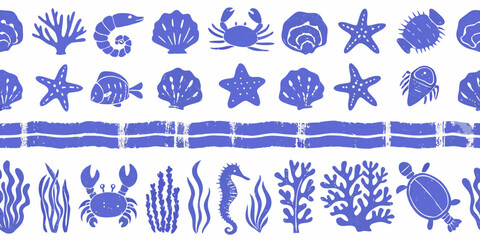 Seamless pattern of blue ocean sea life and coral on white background