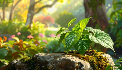 A young plant with vibrant green leaves emerges from a stone, bathed in sunlight, nestled within a lush garden setting.