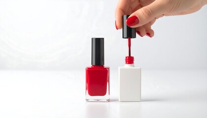 Red nail polish bottles on a white surface. A hand applies polish