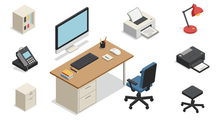 Modern office workspace with desk, computer, and stationery in isometric design