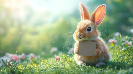 A fluffy orange brown bunny sits in a sunlit green meadow with wildflowers holding a blank brown sign