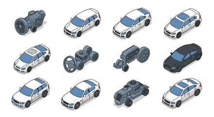 Isometric car and engine icon set with detailed design elements