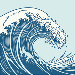 A stylized illustration of a powerful curling ocean wave rendered in classic blue and white with clean lines and a serene background