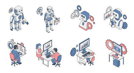 Fototapeta premium Isometric robots and professionals collaborating in modern office settings