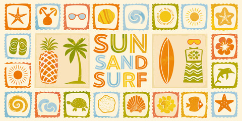 Retro sun sand surf summer beach vacation collage with tropical icons and beach elements