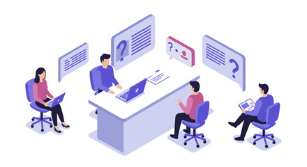 Office team collaboration in modern isometric workspace setting