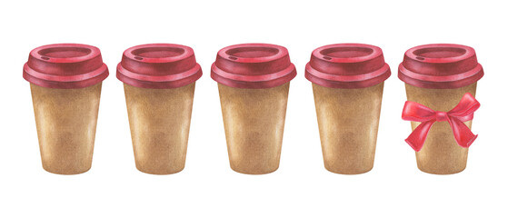 Coffee as a gift border loyalty card. Watercolor illustration of a coffee to go in paper cup set. Hand drawn vintage sketch on white isolated background. Water color painting art image