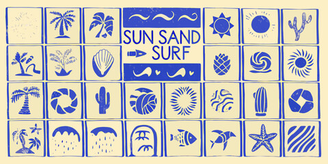 Retro sun sand surf collage featuring tropical beach icons and summer vibes