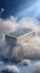 A rectangular silver bar rests atop a bed of tulle, surrounded by fluffy white foam clouds, creating a soft, ethereal scene.