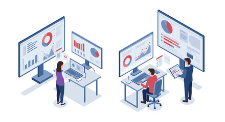 Collaborative data analysis in isometric office with multiple screens and diverse team