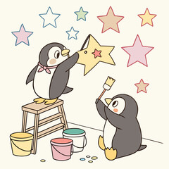Cute cartoon penguins painting stars on a wall using a ladder and colorful paint buckets with a light background