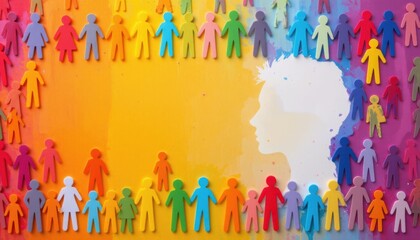 create a vibrant and inclusive artwork featuring many colorful cutout paper people over a solid background, celebrating international day for tolerance