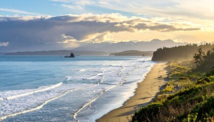 Expansive coastal view of a serene beach, featuring gentle waves, a rocky outcrop, and lush greenery.