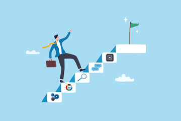 Upskill or reskill to improve self development for career success, learning course or develop new skill, employee growth or progress, businessman walk up new skill stair to reach career success.