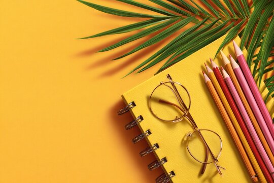 Yellow notebook, colorful pencils, and eyeglasses on a vibrant orange background with a tropical leaf - Powered by Adobe