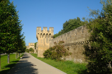 Obraz premium preserved medieval stone fortification wall and gateway, crenellations, and machicolations in Avignon, France