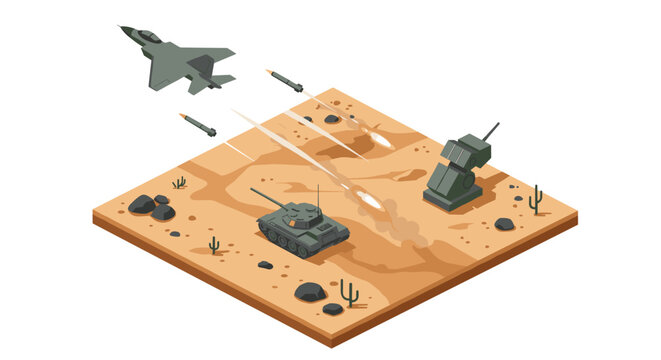 Isometric military warfare: jet, tank, and missile defense in desert