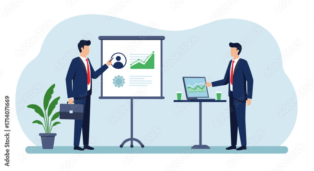 Poster business presentation with data charts and graphs in modern minimalist style