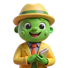 3D cartoon green man in yellow suit, hat, and red tie, smiling with tablet on transparent PNG.