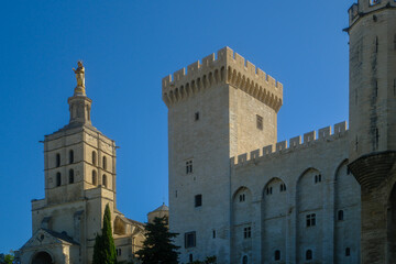 Obraz premium Palais des Papes (Palace of the Popes) in Avignon, France and a gilded statue of the Virgin Mary atop the cathedral tower.