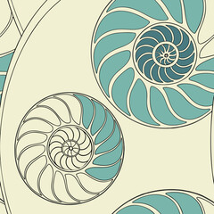 Obraz premium Seamless pattern of stylized nautilus shells in a repeating geometric design with a soft cream background and teal accents