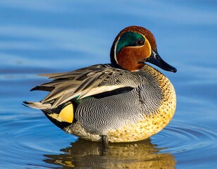A detailed close-up portrait of a colorful teal duck, showcasing its striking plumage and serene pose on tranquil water.