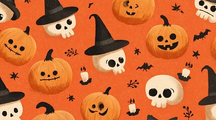 Cute spooky pumpkins with playful scary grins, small skulls, glowing candles, and witch hats on orange