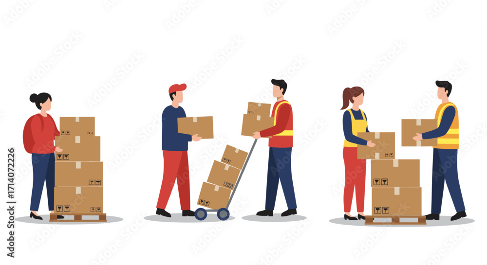 Poster warehouse team handling boxes in flat design on white background