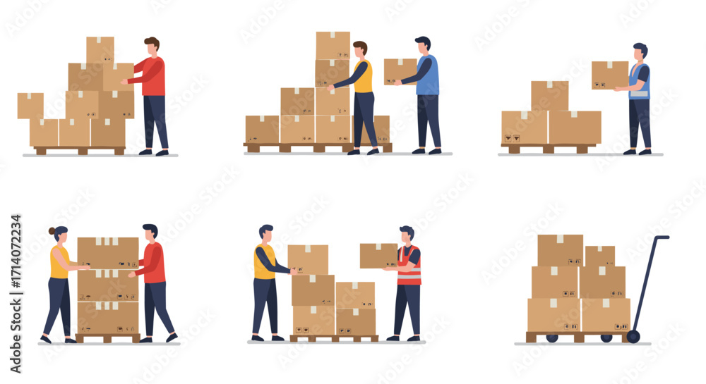Poster warehouse workers organizing boxes on pallets in flat design