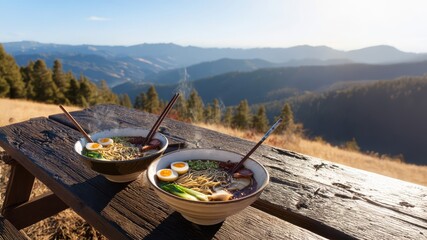 Two warm bowls of steaming Japanese ramen at sunset, a peaceful and rewarding dinner for two after a hike in the beautiful golden hills of autumn.