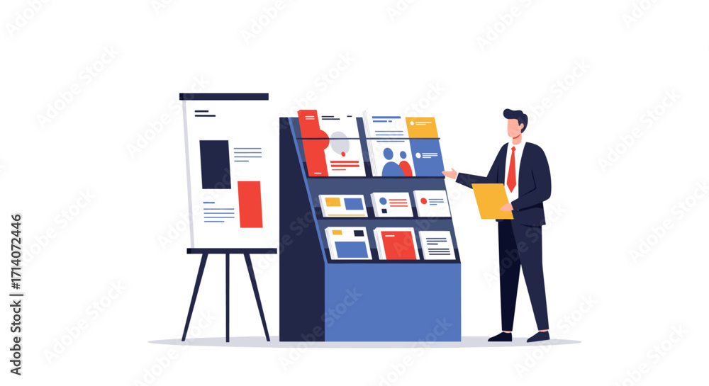 Aufkleber business presentation with professional display stand and presenter in office setting