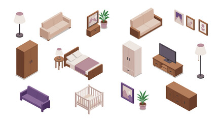 Fototapeta premium Isometric modern furniture set for home interiors